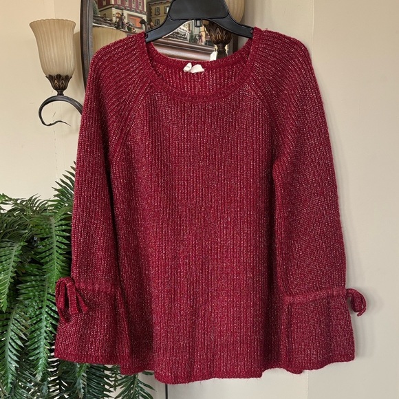 ANTHROPOLOGIE MOTH Tanwen Bell Sleeve Pullover Sweater Crewneck Maroon Metallic - Picture 1 of 16